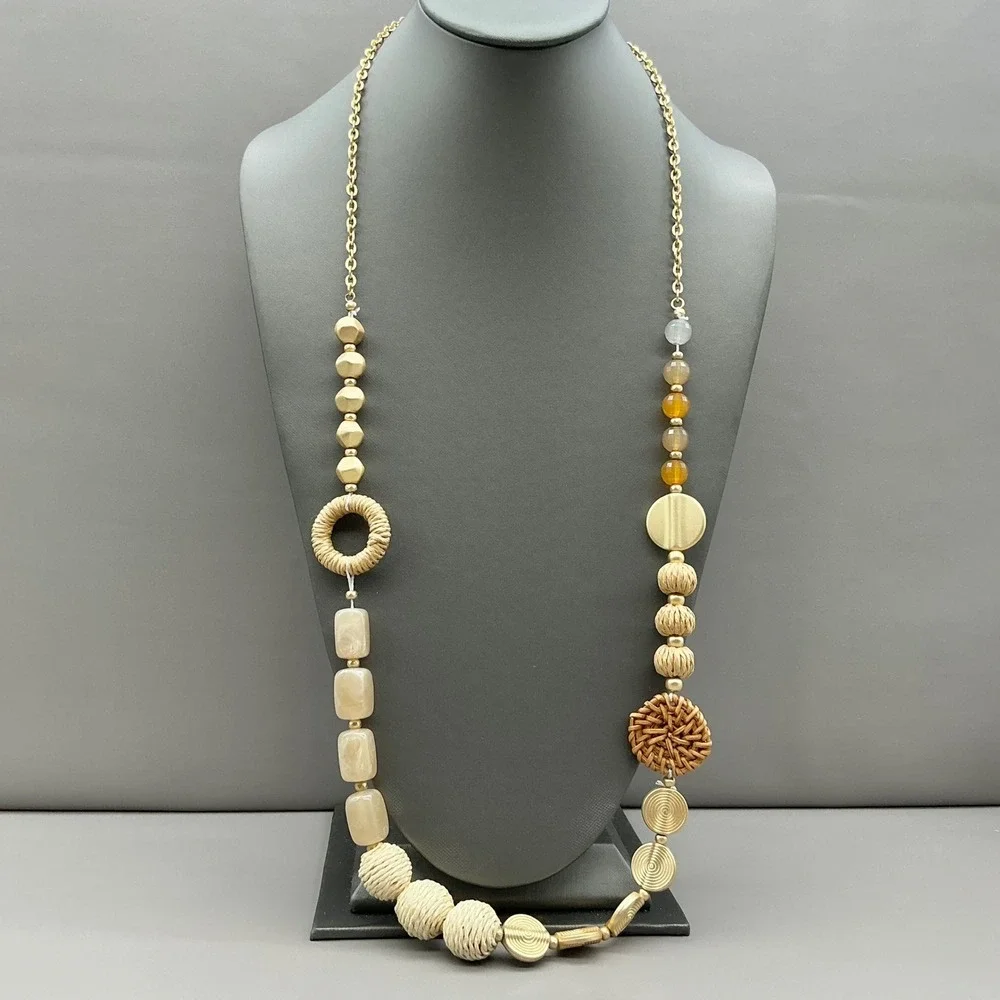 Plunder Necklace Women Gold Tone Mixed Bead Raffia Woven Boho Long Adjustable